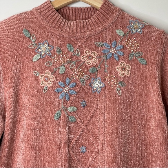 Vtg 90s Womens Chenille Sweater Size L Floral Embroidered Mock Neck GrannyCore - Picture 2 of 12